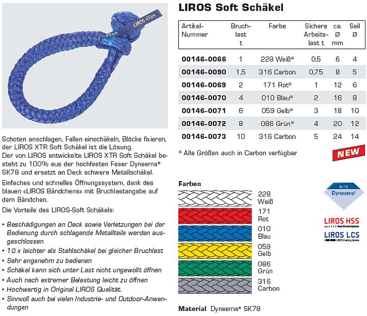 LIROS Soft Schäkel, blau - Bruchlast 4t - Seil Ø 8mm -- bei www